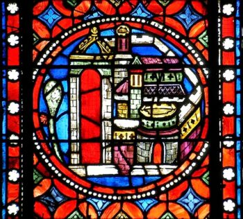 Cathédrale de Clermont, vitrail du XIIIe, vue de l'abbaye de Manglieu